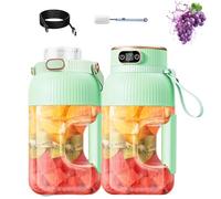 Multifunctional Portable Juicer Cup with Digital Display, Yulyoie Multifunctional Portable Juicer Cup, 3 In 1 Usb Rechargeable Juice Cup Blender (Green, Double cup double lid)