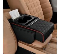 Multifunctional Pu Leather Car Armrest Box Mat, 2026 New 5-in-1 Center Console Storage Lid with 2 Storage Bags Cup Holder, Tissue Box Slot Phone Slot for Most Cars (Black and Red)