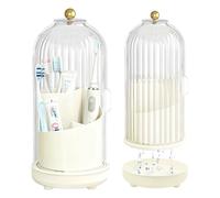 Multifunctional Rotating Toothbrush Holders with Sliding Lid and Draining Tray, 3-Slot Bathroom Countertop Vanity Organizer for Tooth Brush, Toothpaste, and Makeup Brushes Holder Storage (White)