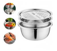 Multifunctional Stainless Steel Basin, 3 in 1 Colander Set with Grater & Mixing Bowl, Vegetable Shredder for Salad, Rice Rinser & Drainer, Space-Saving Kitchen Tool (30CM)