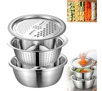 Multifunctional Stainless Steel Basin, 3in 1 Stainless Steel Basin and Grater Set, Fruit Vegetable Bracket Drain Basins, Colander Mixing Bowl, Vegetables Cutter with Mixing Bowl Kitchen Tool (24CM)