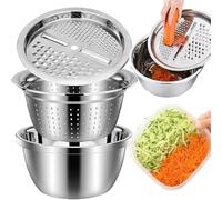 Multifunctional Stainless Steel Basin, New Colander Strainer Set, Stainless Steel Shredding & Drainage Chopping Basin, 3 In 1 Graters Cheese Grater Salad Maker Bowl Drain Basin (9.05" * 3.07") (1 set)
