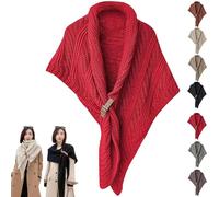 Multifunctional Triangle Shawl for Ladies,Knitted Triangle Shawl with Leather Buckle, Fashion Warm Cozy Knitted Shoulder Wrap Scarf Cape (One Size,Red)