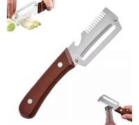 Multifunctional Vegetable Peeler with Bottle Opener & Slicer, Wooden Handle Stainless Steel Blade Kitchen Tool for Sugar Cane Potato Fruit Pineapple Pumpkin Papaya Carrot Veggie Peeler (Coffee)