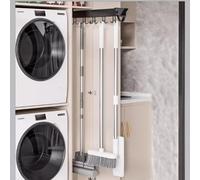 Multifunctional Wall Mounted Broom and Mop Organizer, Adjustable Storage Rack with Sliding Hooks for Kitchen, Closet, Garage, or Utility Room,for Cleaning Supplies, Garden Tools,Home Organization