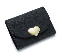 Multifunctional Women Heart Shaped Wallet Coin Purse Large Capacity First Layer Cowhide Leather Zipper Tri-fold Card Holder Ladies Travel Clutch Bag Female Personality Handbag, Black, One Size