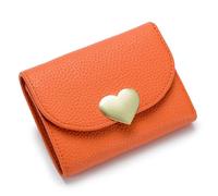 Multifunctional Women Heart Shaped Wallet Coin Purse Large Capacity First Layer Cowhide Leather Zipper Tri-fold Card Holder Ladies Travel Clutch Bag Female Personality Handbag, Orange, One Size
