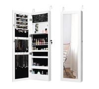 Multigot 15 LED Lights Jewellery Cabinet, 2-in-1 Hanging or Wall Mounted Jewelry Armoire with Full Length Mirror and Built-in Mirror, Lockable Makeup Organizer for Bedroom Dressing Room (White)