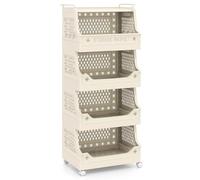 Multigot 3/4/5-Tier Laundry Basket on Wheels (Beige, 5-Tier) | Stackable Plastic Rolling Storage Cart with Handles and 6 Hooks, Foldable Laundry Hamper Dirty Clothes Sorter