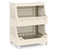 Multigot 3/4/5-Tier Laundry Basket on Wheels, Stackable Plastic Rolling Storage Cart with Handles and 6 Hooks, Foldable Laundry Hamper Dirty Clothes Sorter for Bathroom Bedroom (Beige, 3-Tier)