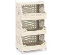 Multigot 3/4/5-Tier Laundry Basket on Wheels, Stackable Plastic Rolling Storage Cart with Handles and 6 Hooks, Foldable Laundry Hamper Dirty Clothes Sorter for Bathroom Bedroom (Beige, 4-Tier)