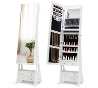 Multigot 3-Color LED Lights Jewellery Cabinet, Freestanding Jewelry Armoire with Full Length Mirror, Foldable Shelf and 6 Drawers, 3-Angle Adjustable Vanity Storage Organizer Wooden Cosmetic Cabinet