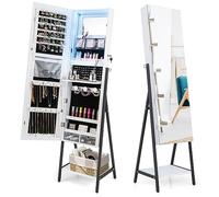 Multigot 3-Color LED Lights Jewelry Cabinet, 2-In-1 Freestanding Mirrored Jewelry Armoire, Bottom Shelf & Built-In Small Mirror, Lockable Full Mirror Storage Cosmetic Cabinet (White)