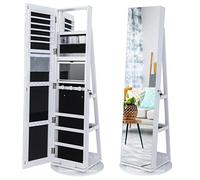 Multigot 3-in-1 Jewellery Cabinet, 360° Swivel Jewelry Armoire with Full-Length Mirror & 3-Color LED Lights, Lockable Cosmetic Storage Organizer for Dressing Room Living Room Bedroom (White)