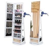 Multigot 3-in-1 Jewellery Cabinet with LED Lights, 360° Swivel Freestanding Jewellery Armoire with Full-Length Mirror and Hairdryer Mount, Lockable Cosmetics Storage Cabinet (White)