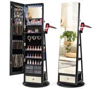 Multigot 3-in-1 Jewellery Cabinet with LED Lights, 360° Swivel Freestanding Jewellery Armoire with Full-Length Mirror and Hairdryer Mount, Lockable Cosmetics Storage Cabinet (Black)