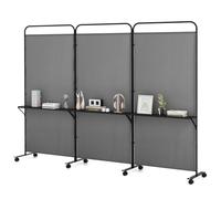 Multigot 3-Panel Folding Room Divider, 188cm Tall Freestanding Wall Privacy Screen Paravent Separator with 3 Metal Shelves & Lockable Wheels, Rolling Room Partition Protector for Home, Office