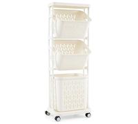 Multigot 3-Tier Laundry Basket on Wheels, Rolling Laundry Trolley Cart with 2 Small Baskets and 1 Large Basket, Freestanding Dirty Clothes Organizer Unit Slim Clothes Wash Hamper for Bathroom Bedroom