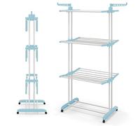 Multigot 4-Tier Clothes Drying Rack, Adjustable Airer Laundry Rack Stand with Wheels and Foldable Wings, Large Rolling Dryer Hanger Garment Racks for Indoor Outdoor (Light Blue + Black Wheels)