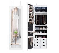 Multigot 5 LED Lights Jewellery Cabinet, Hanging or Wall Mounted Ornament Armoire, Full Length Mirror Lockable Makeup Storage Organizer (White)
