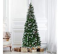 Multigot 5FT/6FT/7.5FT Christmas Tree, Snow-Flocked Artificial Xmas Pencil Tree with Decorative Pinecones and Metal Stand, Green Holiday Pine Trees for Home, Shop and Office (5FT)