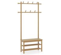 Multigot Bamboo Coat Rack, PE Rattan Hall Tree with 11 Hanging Hooks and 2 Shelves, 3-In-1 Shoe Storage Bench Organizer for Hallway Bedroom Entryway (Natural)