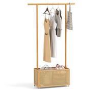 Multigot Clothes Rail, Bamboo Garment Rack Clothes Hanger with Rattan Storage Basket, Hanging Rail & Wheels, Freestanding Coat Stand Closet Organizer Open Wardrobe for Bedroom Hallway (Natural)