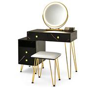 Multigot Dressing Table Set, Vanity Cosmetics Table with 3 Color Detachable LED Mirror, Cushioned Stool & Side Cabinet, Wooden Makeup Desk for Bedroom Dressing Room (Black)