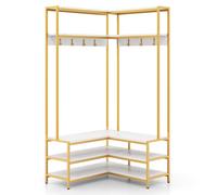Multigot L-shaped Clothes Rack, Freestanding Corner Garment Rack Hall Tree with Shoe Storage Bench, Shelves and 7 Hooks, Metal Frame Coat Rack Stand Closet Storage Organizer (White+Golden)
