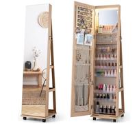 Multigot LED Jewellery Cabinet, Free Standing Mobile Jewelry Armoire with Full-Length Mirror, Built-In Small Mirror and Universal Wheels, Lockable Makeup Storage Organizer for Bedroom (Natural)
