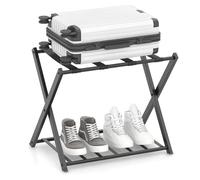 Multigot Luggage Rack, 2-Tier Folding Suitcase Backpacks Holder with Support Straps, Metal Travel Storage Stand Space-Saving Luggage Holder for Bedroom Guest Room Hotel (Black)