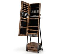 Multigot Mobile Jewelry Cabinet, 3 In 1 Lockable Jewelry Armoire with Drawer and Bottom Shelf, Full Mirror Makeup Storage Organizer for Bedroom Living Room Dressing Room (Rustic Brown)