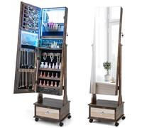 Multigot Mobile LED Jewellery Cabinet, Freestanding Lockable Jewelry Armoire with Adjustable Angles, Storage Drawer and Wheels, 3-in-1 Cosmetic Storage Organizer for Bedroom Dressing Room (Coffee)