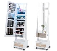 Multigot Mobile LED Jewellery Cabinet, Freestanding Lockable Jewelry Armoire with Adjustable Angles, Storage Drawer and Wheels, 3-in-1 Cosmetic Storage Organizer for Bedroom Dressing Room (White)