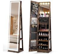Multigot Rotating Jewelry Cabinet, Jewelry Armoire with LED-lit Full-length & Interior Mirror, 3 Light Colors, Lockable Design, Freestanding Makeup Storage Organizer for Bedroom (Rustic Brown)
