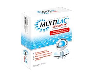 MULTILAC - 10 capsules, Synbiotics, which includes 9 selected strains of probiotic bacteria living. Indications: - during and / or after antibiotic therapy, - the functional bowel disorders (such as bloating, constipation, irritable bowel syndrome), - diarrhea of different etiologies, - in allergic diseases, - in increased susceptibility to infection (colds)