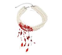 Multilayer Vintage Red Blood Pattern Imitation Pearl Tassel Pendant Necklace for Women Goth Crystal Bead Chain Halloween Jewelry