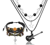 Multilayer Y2k Star Necklace Fairy Grunge Bracelets Set Handmade Fairycore Grunge Jewelry Gothic Swirl Star Necklace Punk Rock Roll Music Guitar Grunge Accessories for Women Men, Alloy Steel, No