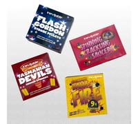 Multipack Party Favour Novelty Pyrotechnics | 9 x Crackling Balls of Fire, 9 x Flash Gordon Strobe Pellets, 9 x Tasmanian Devils Ground Spinners and 6 x Spinning Crackling Saucers | Low Hazard 1.4s