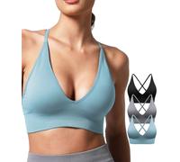 Multipack V Neck Sports Bras for Women, Low Cut Adjustable Spaghetti Thin Straps Padded Light Support Workout Yoga Bra, Black Grey Blue, S