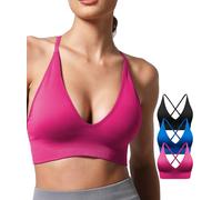 Multipack V Neck Sports Bras for Women, Low Cut Adjustable Spaghetti Thin Straps Padded Light Support Workout Yoga Bra, Blacknavybluemagentapurple, M