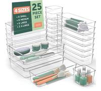 Multiple Drawer Organizer - 25 PCS Clear Plastic Drawer Organizers for Home Organization and Storage, Including 4 Sizes Small Organizer Bins, Non-Slip Pads, for Bathroom, Kitchen, Vanity & Office ETC.