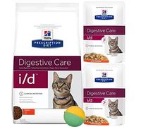 multiple Hills Prescription Diet I/D for Cats | Dry Food 1.5kg, Wet food Chicken flavour 2 x 85g | Bundle of 3 with Free random Toy Ball Gift for your cat