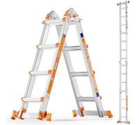 Multiple Positions 4 Step Ladder, 4.2 m Sliding Ladder with Stabiliser and Wheels, 150 kg Safety Load, One Frame Ladder for Stairs, Home, Indoor, Outdoor, Roof