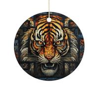 Multiple Tiger Head Pictures Double-Sided Ceramic Christmas Ornaments - Round Hanging Mini Xmas Tree Decorations, Ideas for Farmers, Rustic Home Decor for Indoor Outdoor Tree Decor