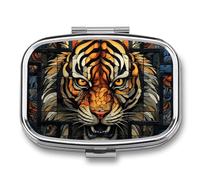Multiple Tiger Head Pictures Pill Box - 2 Compartment Travel Pill Organizer with Small Mirror, Portable Pillcase for Pocket & Purse, Cute Square Medicine Case, Weekly Medicine Container