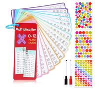 Multiplication Flash Cards 0-12 with 2 Dry Erase Markers & 3 Sheets of Reward Stickers, 15 Cards Double-Sided Reusable Times Table for Kids Math Learning, Homeschool Classroom