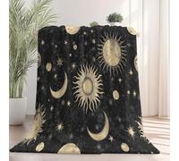 Multipurpose Flannel Blanket, Simple Stars Sun Moon Printed Design, Black Super Soft Flannel Throw for Lounging Travel Outdoor Activities Bed Sofa Office, 100×130 cm