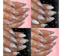 MultiSize Christmas Press On Nails 48PCS Snowman Glitters French Manicure Set Shines Artificial Nails For Holiday Snowflake Glitters Coffin Fake Nail