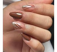 MultiStyle Coffee Brown Fake Nails Featuring Abstract Line Patterns Easy Application Artificial 24pcs Press on Coffee Glitters